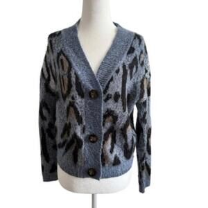 AQUA Bloomingdales Exclu Button Front Cardigan Sweater Blue M Leopard